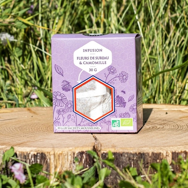 Les Abeilles de Malescot Elderflower and Chamomile Infusion Tea - Product shown on tree stump