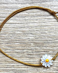 YSIE Yellow Marguerite Mother-of-Pearl Adjustable Bracelet - Product displayed on wood background