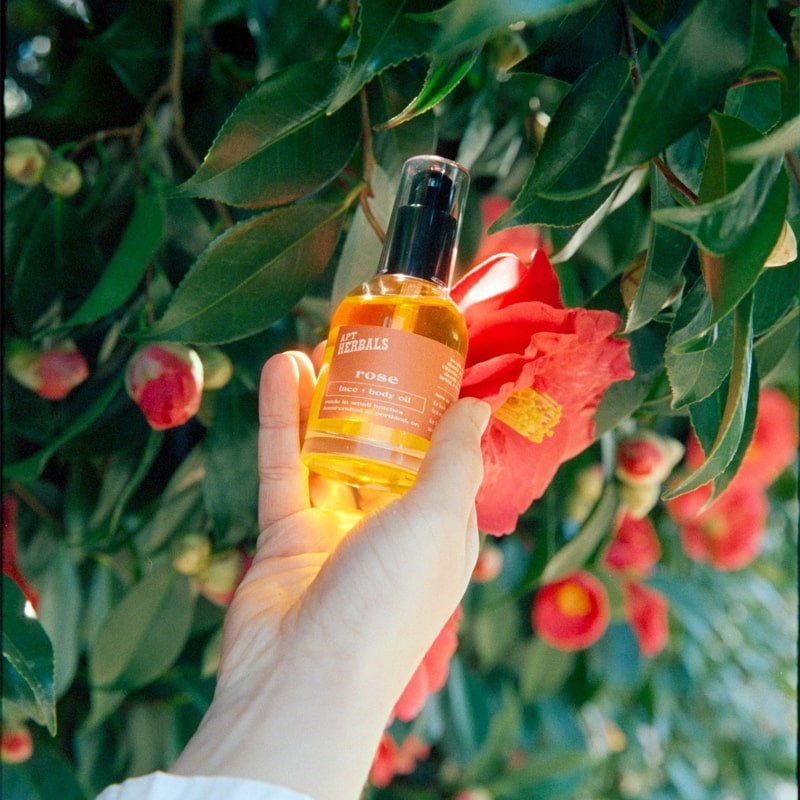 APT Herbals Rose Face + Body Oil - Product shown in models hand