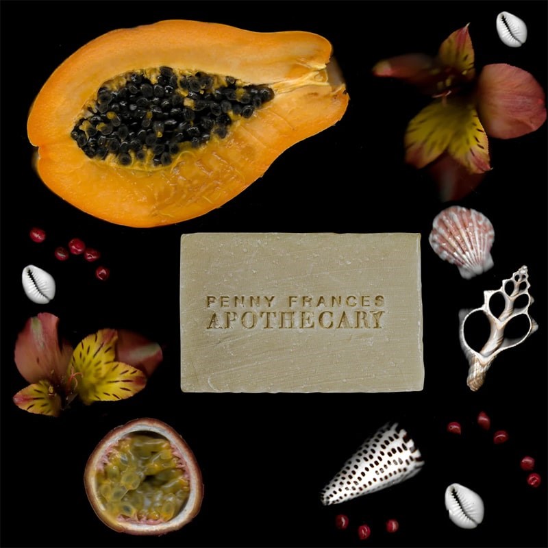 Penny Frances Apothecary Geranium &amp; Black Pepper Botanical Soap - Product shown with Flowers and fruit
