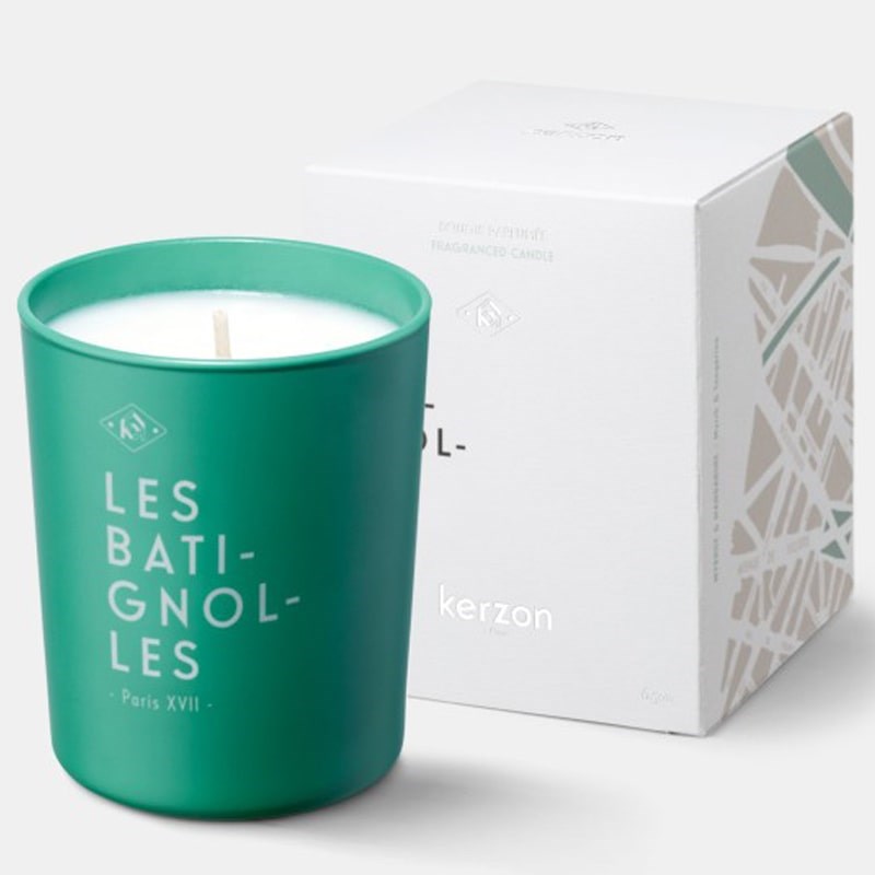 Kerzon Fragranced Candle – Les Batignolles candle and packaging side by side