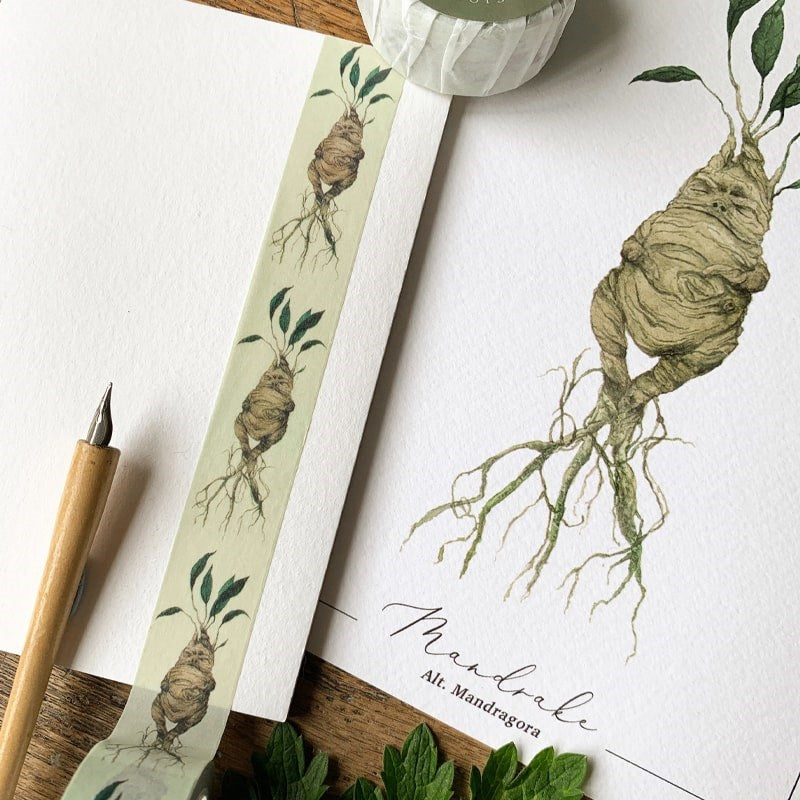 Georgiou Draws Mandrake Herbology Washi Tape - Product shown on scrapbook