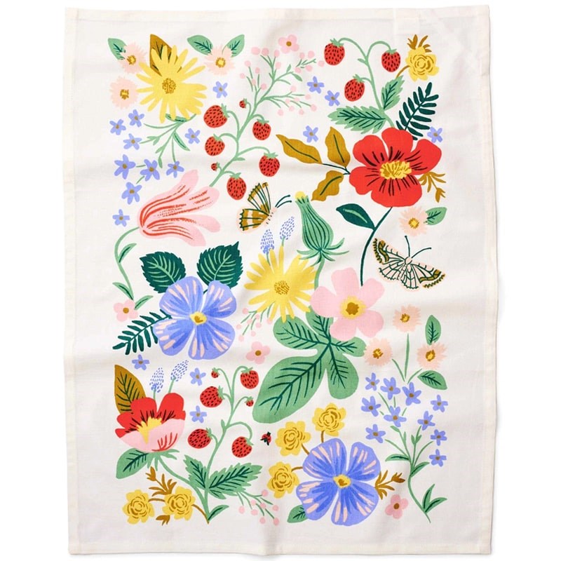 Rifle Paper Co. Strawberry Fields Tea Towel - Product shown spread out on white background