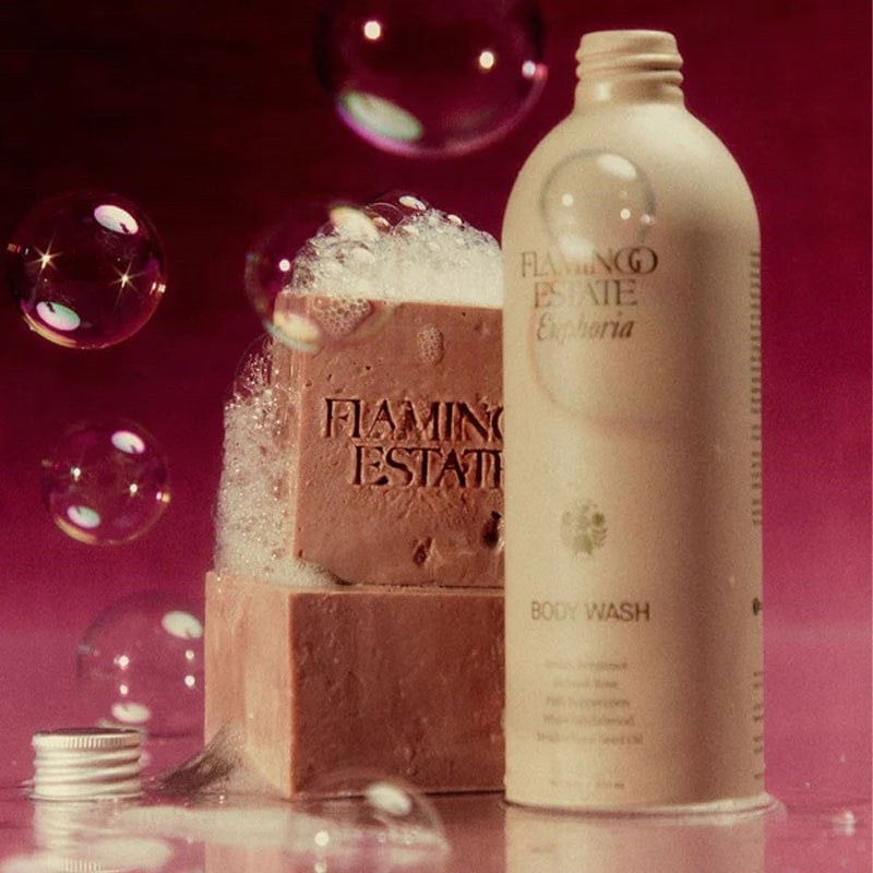 Flamingo Estate Organics Euphoria Body Wash - Product shown on pink background