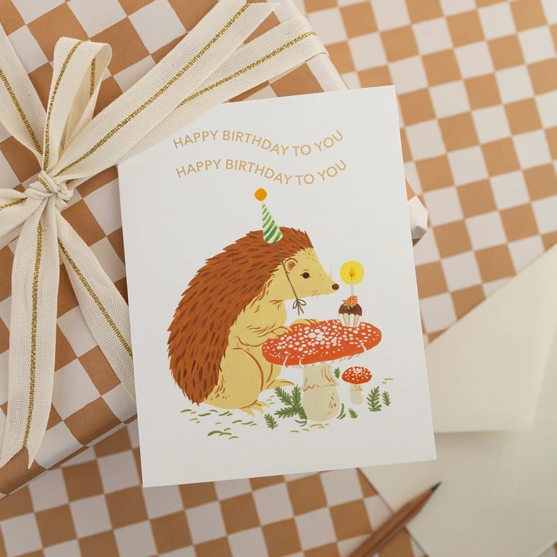 Botanica Paper Co. Hedgehog Birthday Card - Product shown on checkered background