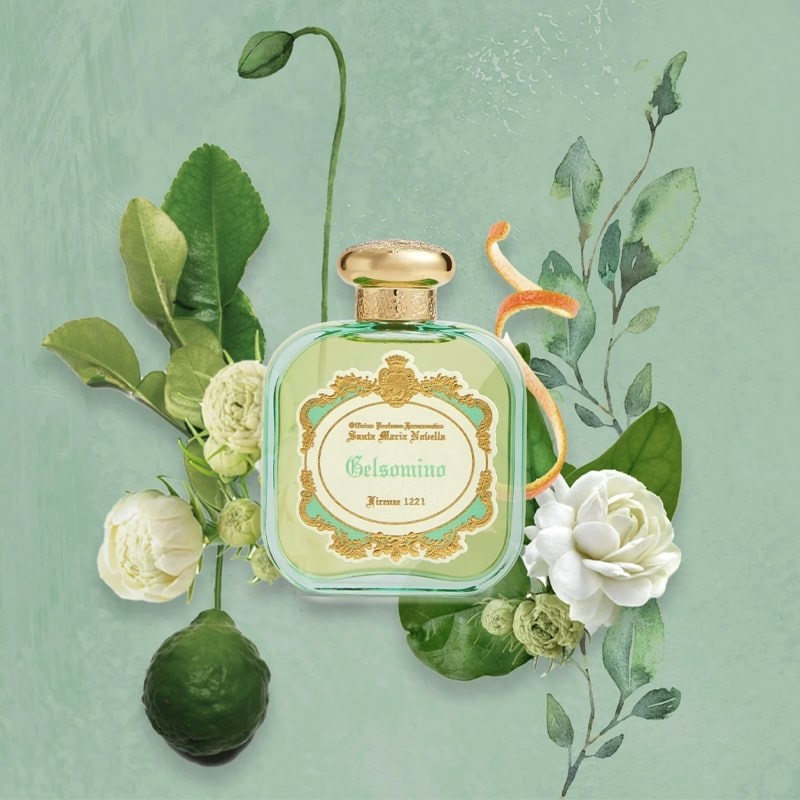 Santa Maria Novella Gelsomino Eau de Parfum - lifestyle shot of bottle and flower designs