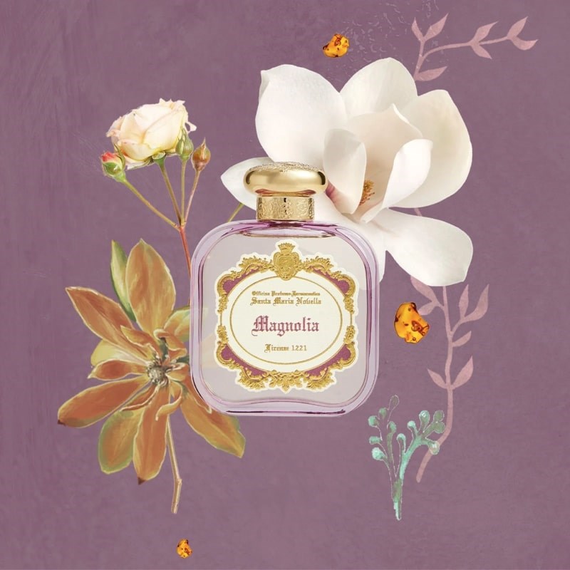 Santa Maria Novella Medicei Collection - Magnolia Eau de Parfum - bottle in front of flowers lifestyle photo