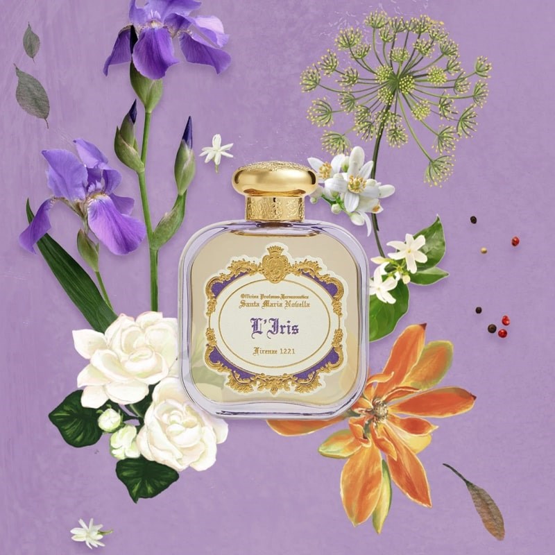 Santa Maria Novella Medicei Collection - Iris Eau de Parfum - lifestyle photo of bottle in front of flower design