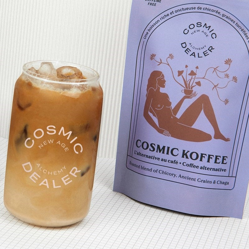Cosmic Dealer Herbal Koffee - Unsweetened + Chaga - Prepared product shown next to packaging