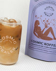 Cosmic Dealer Herbal Koffee - Unsweetened + Chaga - Prepared product shown next to packaging