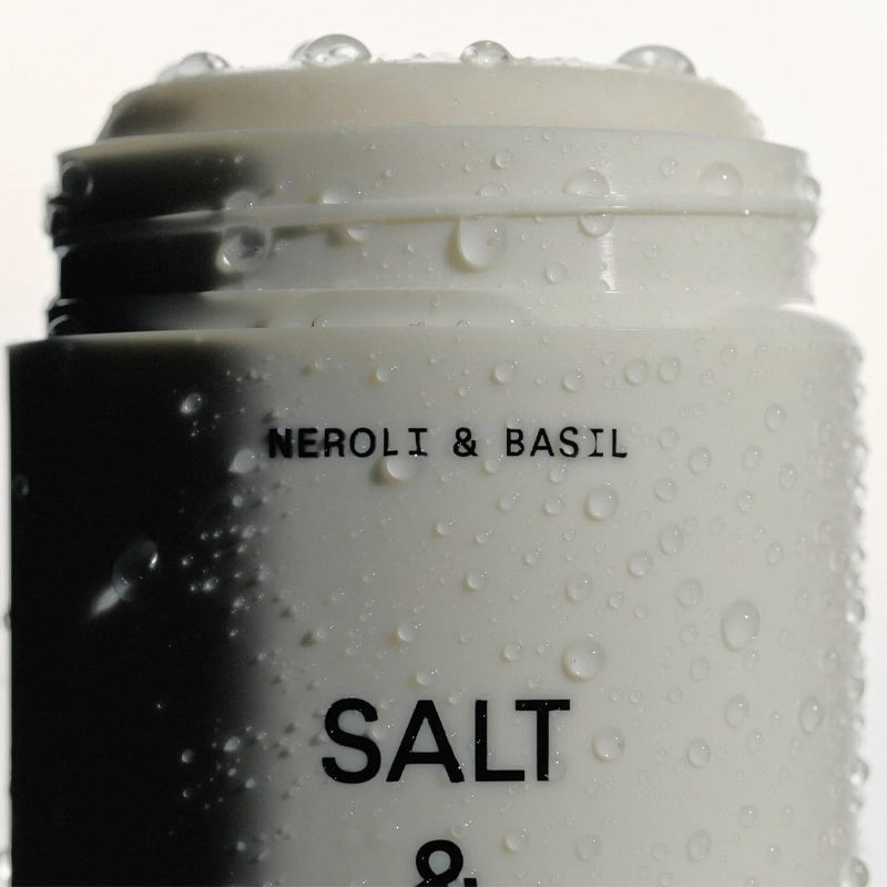 Salt &amp; Stone Neroli &amp; Basil Deodorant - cap off and water drops on product