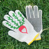 My Little Belleville Radish Gardening Gloves - Front and back of product shown on grass