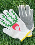 My Little Belleville Radish Gardening Gloves - Front and back of product shown on grass