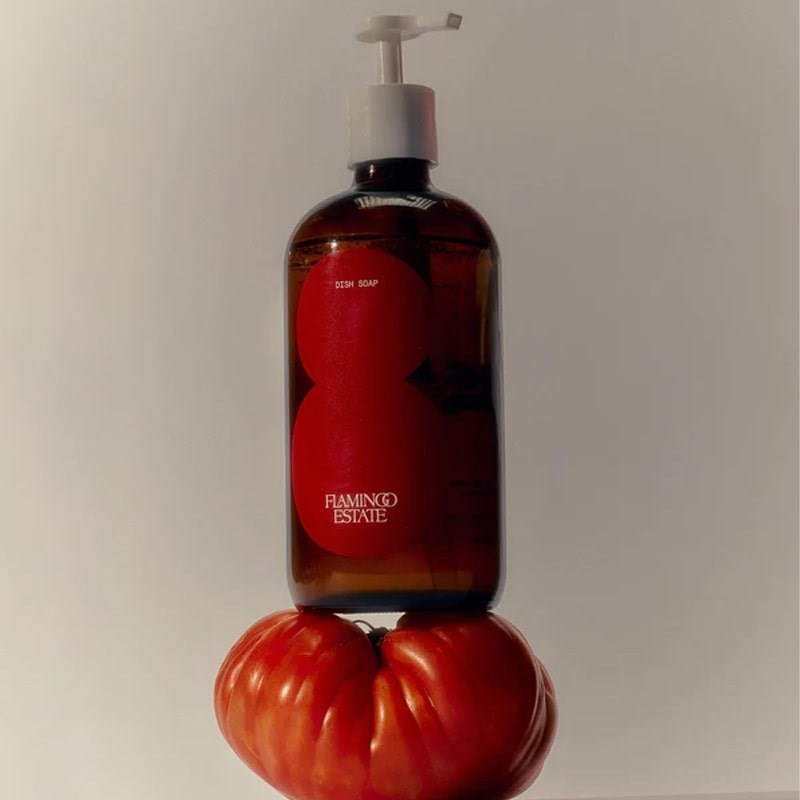 Flamingo Estate Organics Roma Heirloom Dish Soap - Product shown on top of tomato