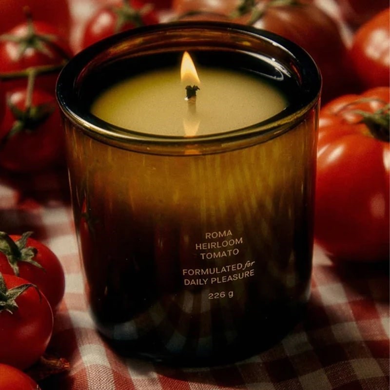 Flamingo Estate Organics Roma Heirloom Tomato Candle - Product shown lit