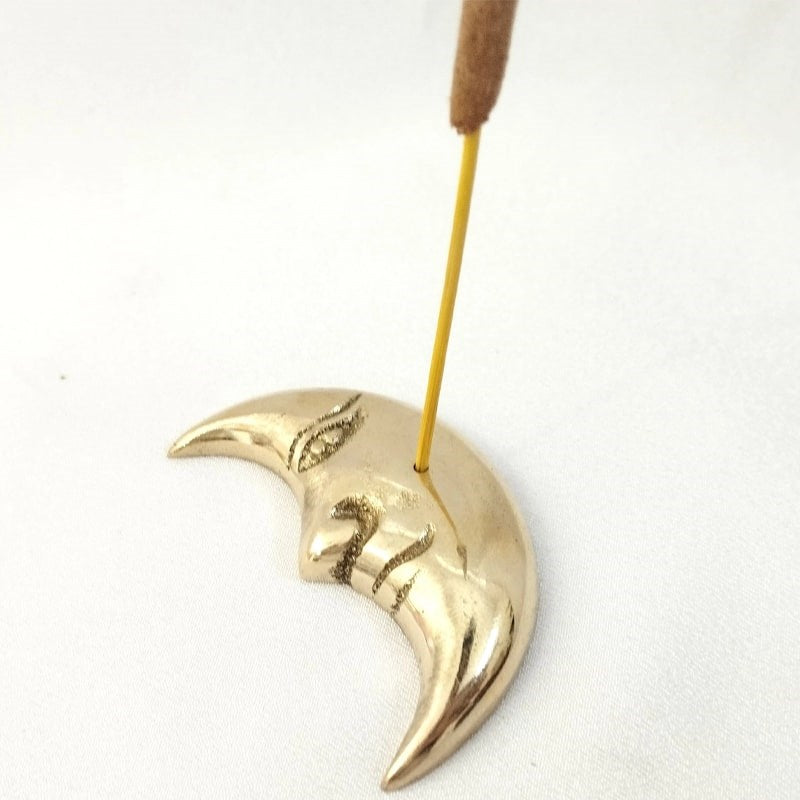 FERN Brass Incense Holder Moon with Face - Product shown with incense