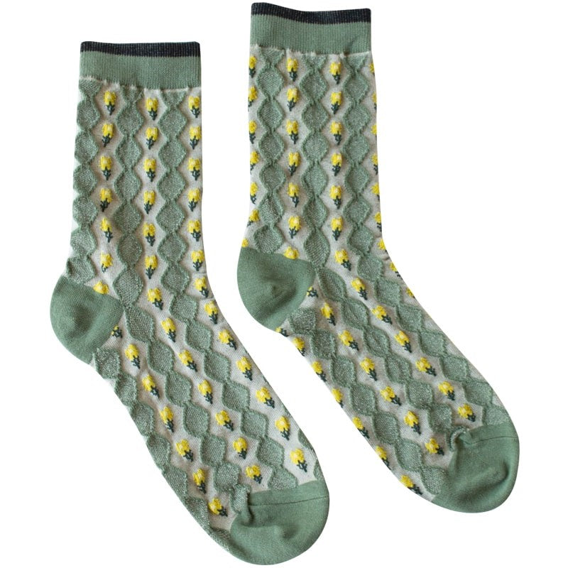 Tiepology Little Daisy Diamond Shape Socks - Warm Sage