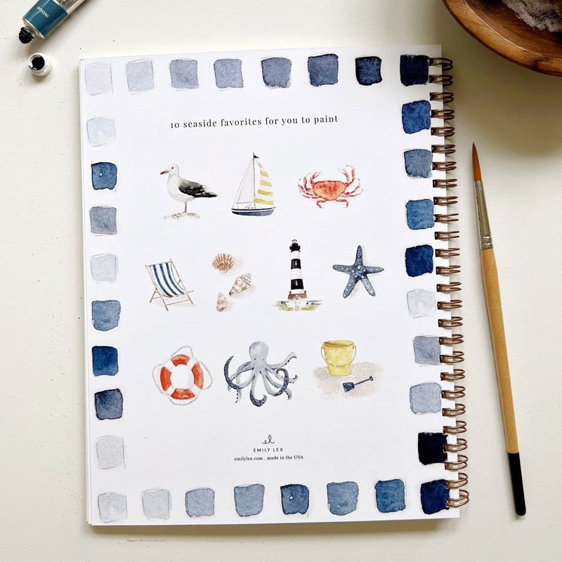 Emily Lex Studio Seaside Watercolor Workbook - Product shown with paint brush