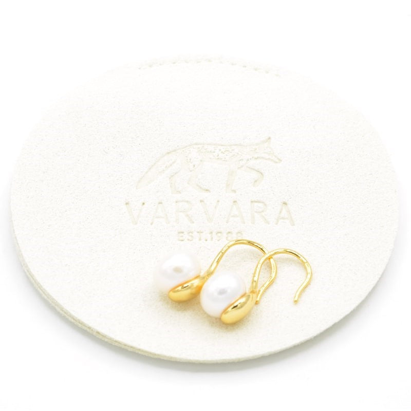 Varvara Minimalist Natural Pearl 18k Gold Plated Earrings - Product shown on top of pouch