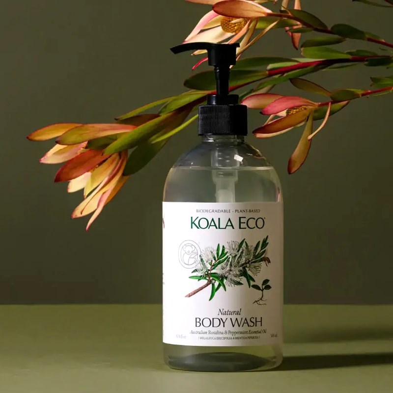 Koala Eco Natural Body Wash - Body Wash Bottle shown with plant on green table
