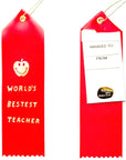 Yellow Owl Workshop Award Ribbon - World's Bestest Teacher - Front and back of product shown 