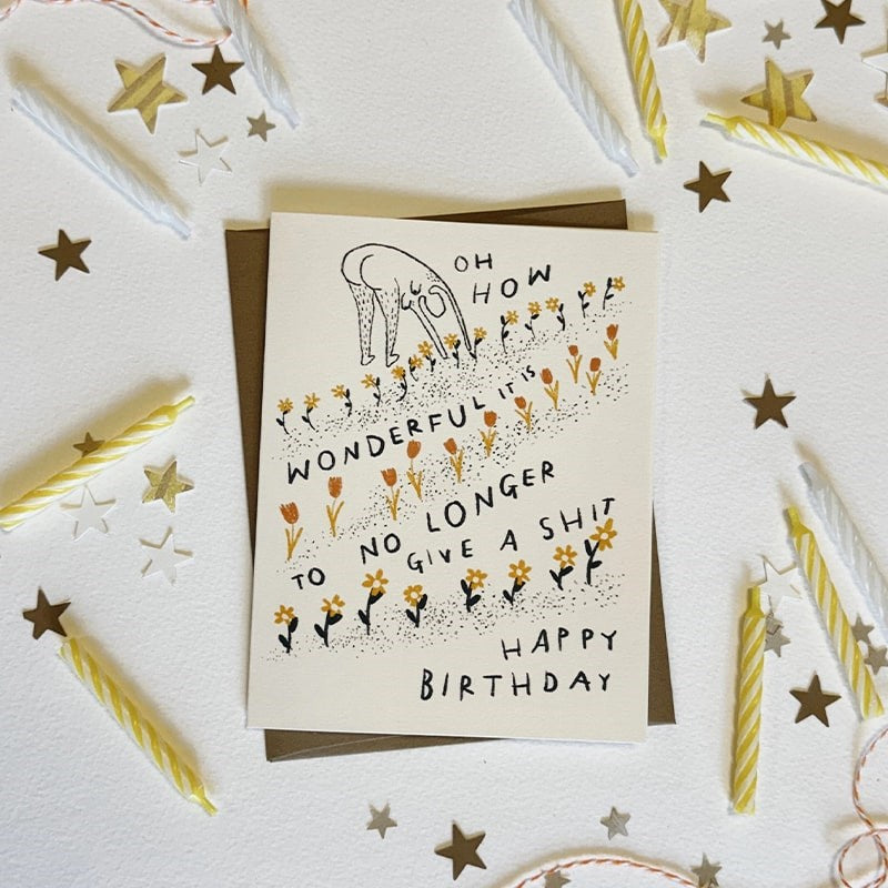 Rani Ban Co How Wonderful It Is To No Longer Give A Sh*t Birthday Card - Product shown with candles and confetti