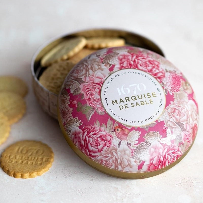 La Sablesienne &quot;Treasure&quot; Round Tin - Shortbread Cookies - Product shown with lid off