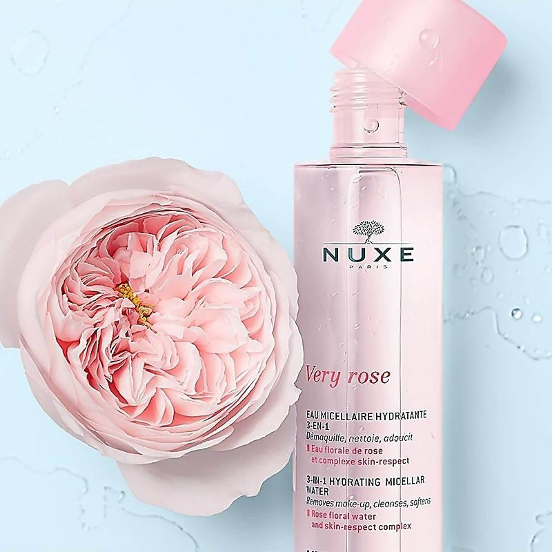 Nuxe Very Rose 3-in-1 Hydrating Micellar Water Dry Skin showing product next to rose
