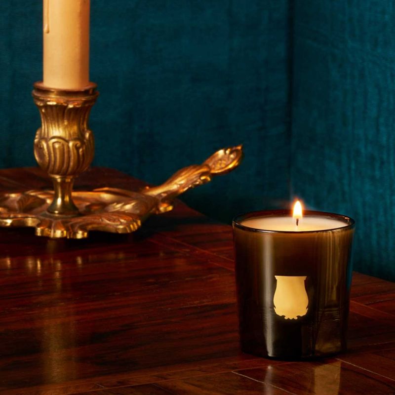 Cire Trudon Cyrnos Petite Candle lifestyle shot with candle burning on wood table